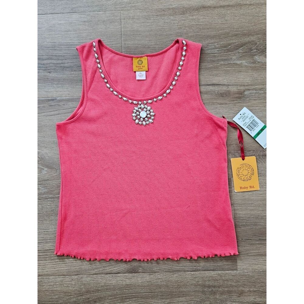 Ruby Rd Coral Beaded Ribbed Tank Top Size L - Picture 2 of 8